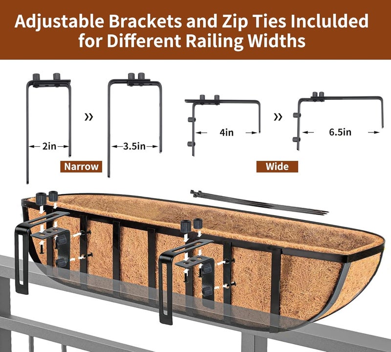 YM 30-Inch Window Planter Box 2Pcs Iron Deck Railing With Coco Liner, Metal Horse Troughs for Outdoor Balcony Rail Fence Porch Patio - Image 4